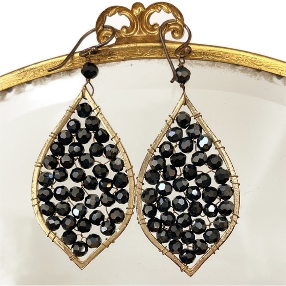 Black Beaded Hanging Teardrop Earrings
